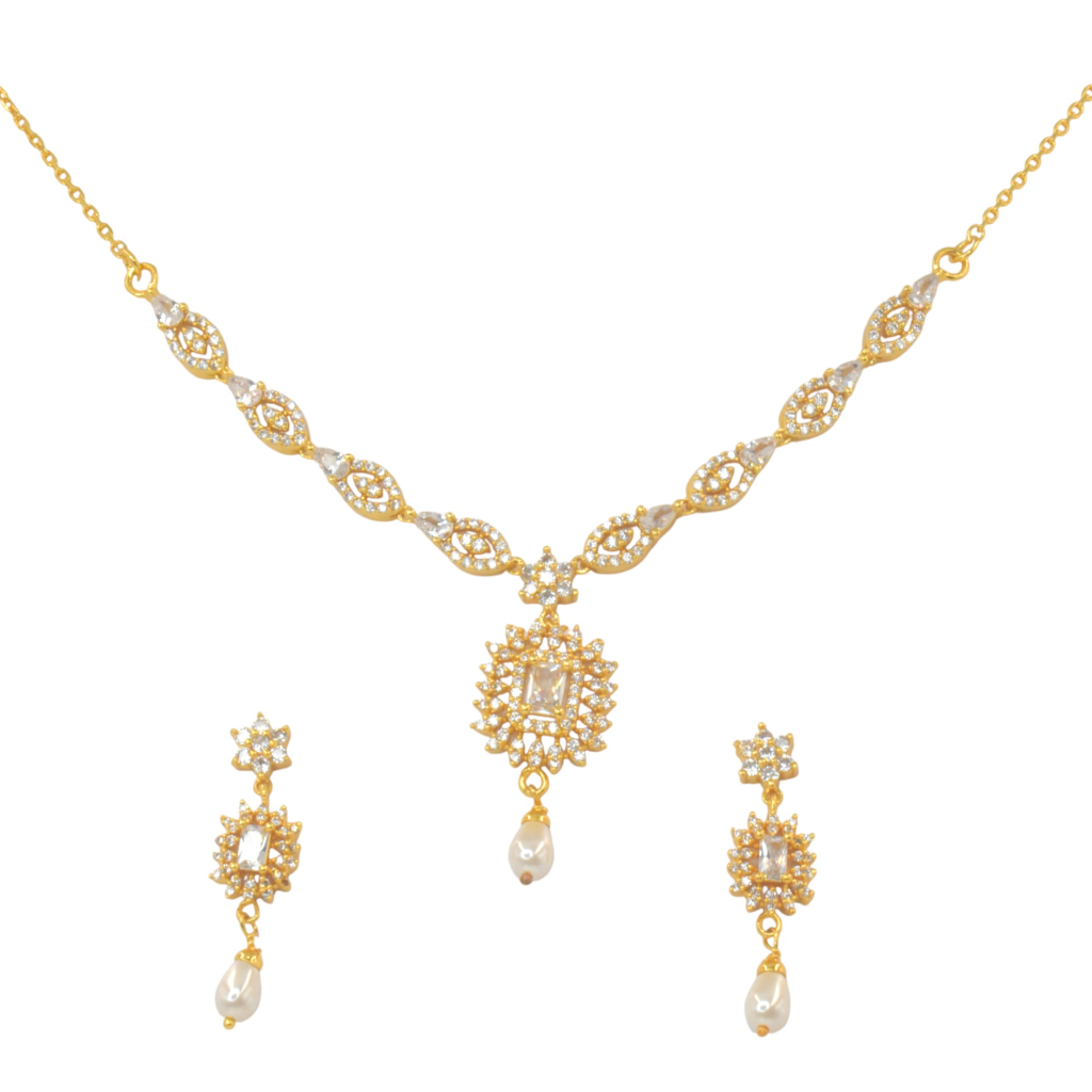 Sterling Silver Gold-Plated Necklace with Pearl Drop Earrings Set, Traditional Temple Collection, White Stone Embellished Jewelry