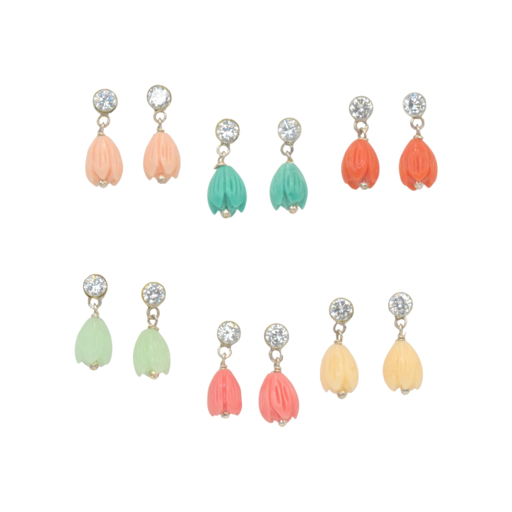 Sterling Silver Drop Earrings for Girls, Multicolor Tulip Design with Crystal Studs, 6 Pairs Set